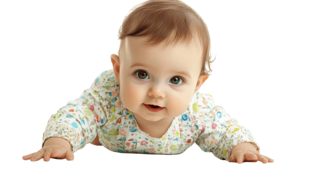 Baby in colorful onesie crawling on a white background with a curious expression png