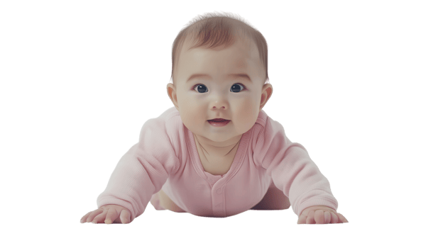 Baby crawls on hands and knees with a joyful expression in a cozy indoor setting during daytime png