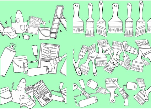 Graphic line ink seamless border set with painter tools Isolated on transparent background. Paint can opener, color can, apron, bucket, can, Brush, Roller, Paint tray, Masking tape, Ladder vector