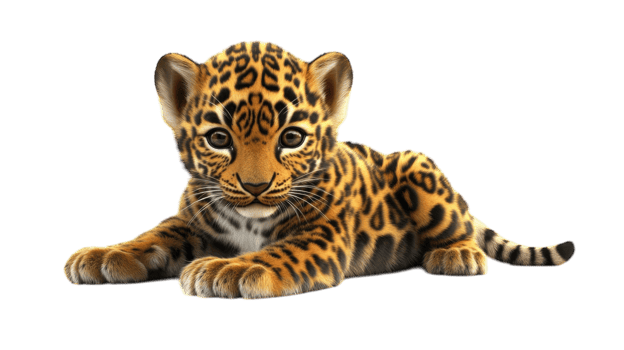Cute leopard cub lounging with striking spots in a playful pose in bright surroundings png