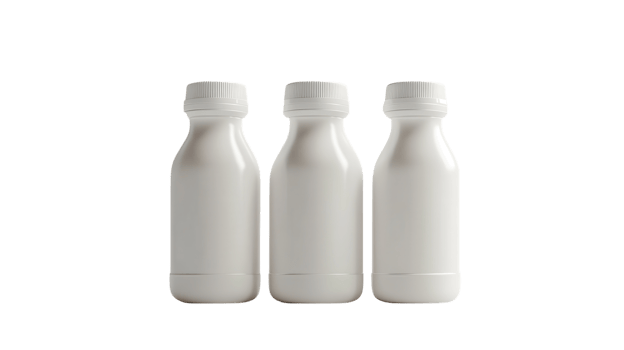 White plastic bottles lined up on a neutral background for a clean and simple presentation of dairy products png