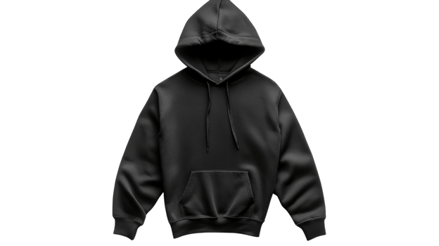 Stylish black hoodie with a front pocket and adjustable drawstring displayed against a plain background png