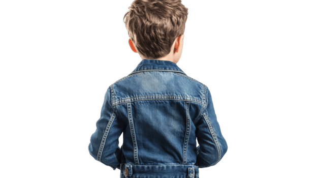 Young boy wearing a denim jacket stands with his back towards the viewer in a bright and simple setting png