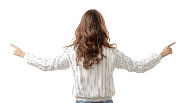 Woman with long hair gesturing with both hands in a minimalist setting while facing away from the viewer png