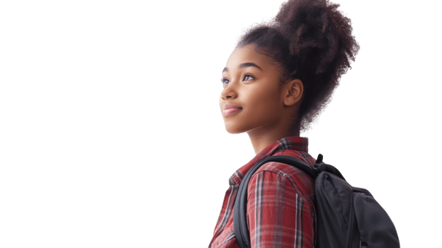 Young student with curly hair wearing a plaid shirt and backpack gazes thoughtfully into the distance against a light background png