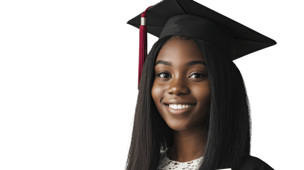 Graduate proudly smiles while wearing a cap and gown at a graduation ceremony inside a bright venue png