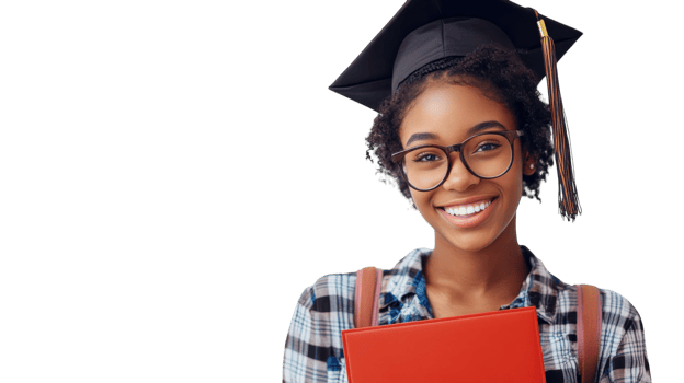 Smiling graduate in cap and gown proudly holding diploma in hands, celebrating achievement after completing education png
