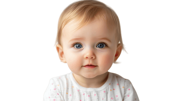 Beautiful baby girl with blue eyes and soft hair looking curiously at the camera in a bright setting png