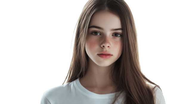 Young woman with long hair poses against a plain background in natural light capturing a calm expression png