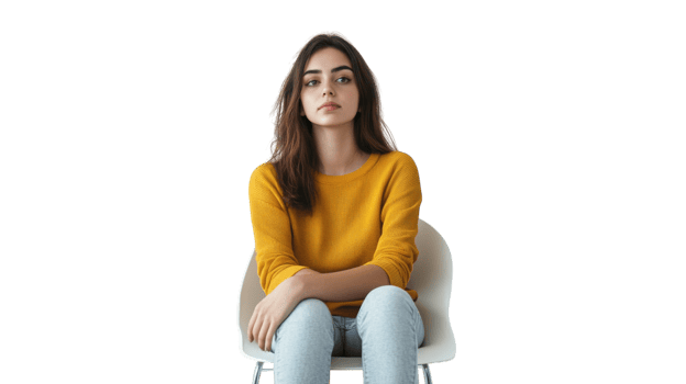 Young woman with long dark hair sitting confidently on a chair wearing a yellow sweater and blue jeans against a white backdrop png