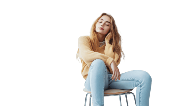 Young woman poses confidently on a chair while wearing a cozy sweater and jeans in a minimalistic studio setting png