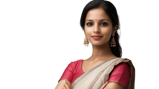 Elegant woman in traditional attire poses confidently against a plain background png