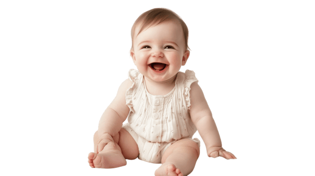 Baby laughing while sitting on a white background, showcasing pure joy and innocence in a clean and vibrant atmosphere png