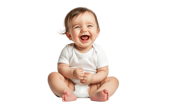 Happy baby sitting on the floor smiles joyfully while clapping hands in bright setting during the day png