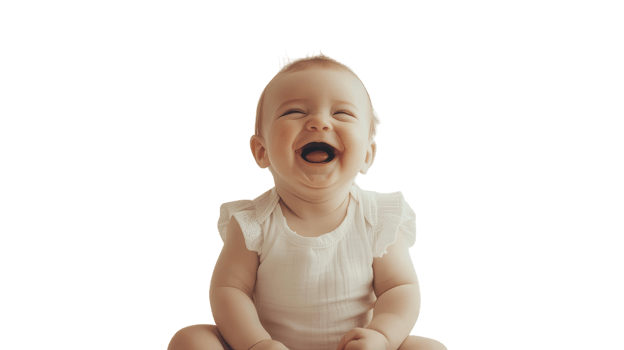 Happy baby laughing while sitting on the floor in a bright and cheerful setting png