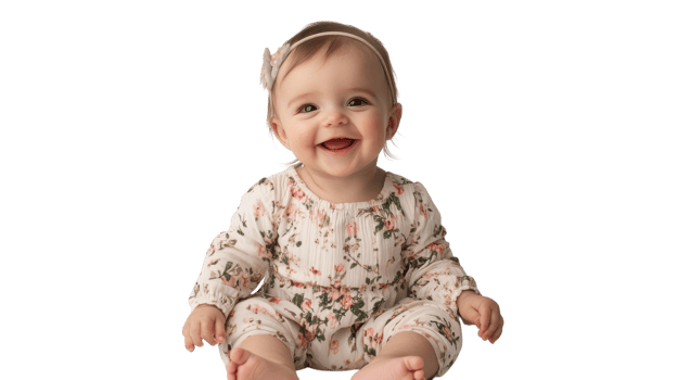 Happy baby smiling in floral outfit seated on a clean white background enjoying a joyful moment png