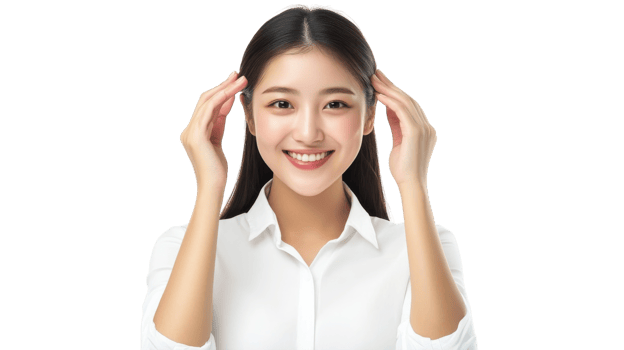 Young woman smiling and posing with hands near face in professional attire against plain background png