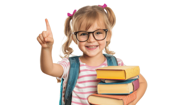 Girl with glasses holds books and raises finger, showing excitement for learning in bright setting png