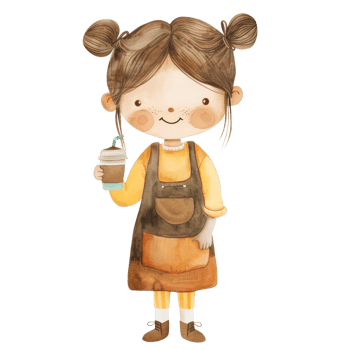 Watercolor cute barista girl wearing brown apron and holding a cup of ice coffee cartoon character clip art element illustration png