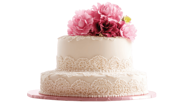 Elegant white wedding cake adorned with pink flowers, beautifully showcasing intricate lace detailing png