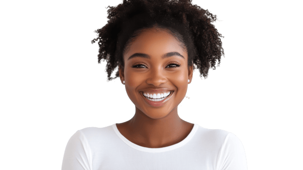 Bright smile of a young woman with curly hair, showcasing happiness and confidence against a white background png