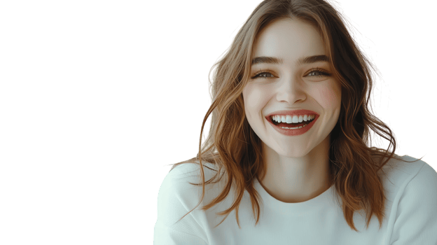 Smiling woman with long hair in a bright setting radiates joy and happiness while wearing a simple light-colored sweater png