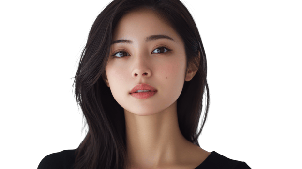 Young woman with long black hair poses confidently against a white background while looking directly at the camera png