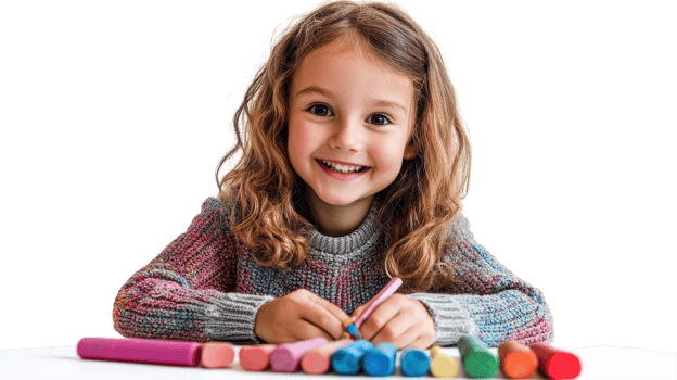 Young girl engaging in arts and crafts while smiling with colorful markers on a bright background png