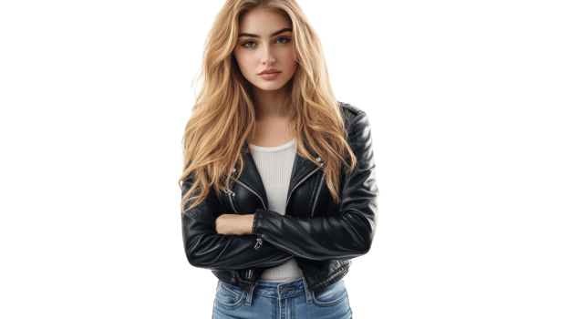 Young woman in casual outfit poses confidently with arms crossed in studio setting png