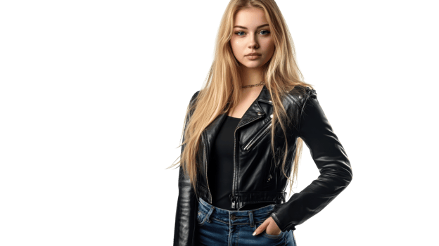 Young woman in stylish black leather jacket poses confidently against white background png
