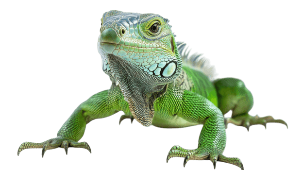 Iguana showcasing vibrant green scales and strong limbs while basking under bright lights in a studio setting png