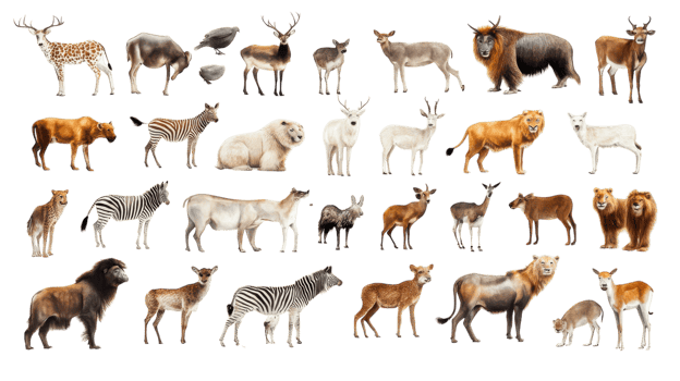 Collection of various animals including lions, bears, and deer in a diverse natural habitat setting png
