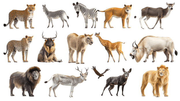 Various wild animals displayed in a creative arrangement showcasing their unique features and characteristics png