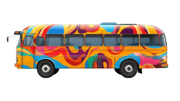 Colorful mural bus parked in a bright outdoor setting showcasing vibrant patterns and sunlight highlighting its unique design png