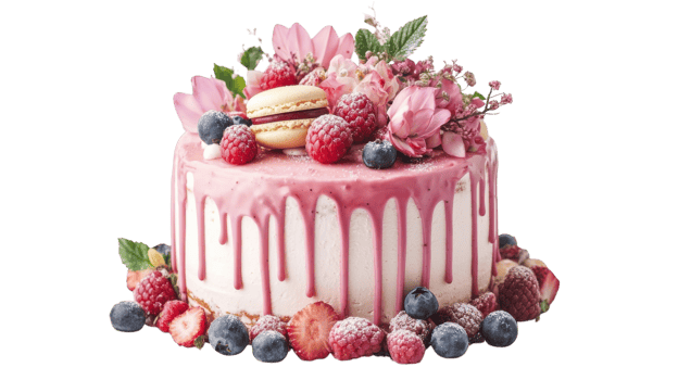 Delightful cake adorned with fresh berries and edible flowers at a celebration event in a bright setting png