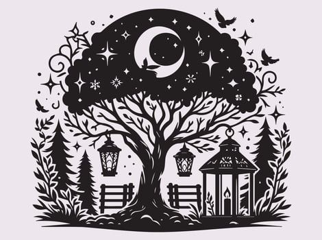 Solid Black Tree with Lantern Night Scene Silhouette for Deep Reflection and Calm vector