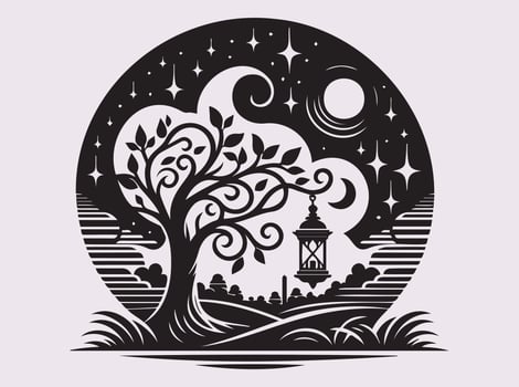 Solid Black Silhouette of Tree with Lantern for Magical and Serene Night Landscape vector
