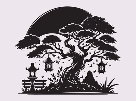 Black Color Tree with Lantern Night Silhouette for a Serene and Dreamy Scene vector