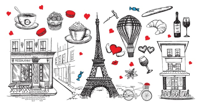 Set of hand drawn French icons Paris sketch illustration on white vector