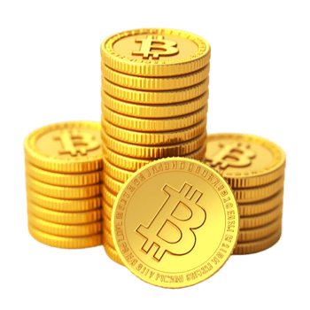 Golden Bitcoin Coins Piled High on a Black Background png