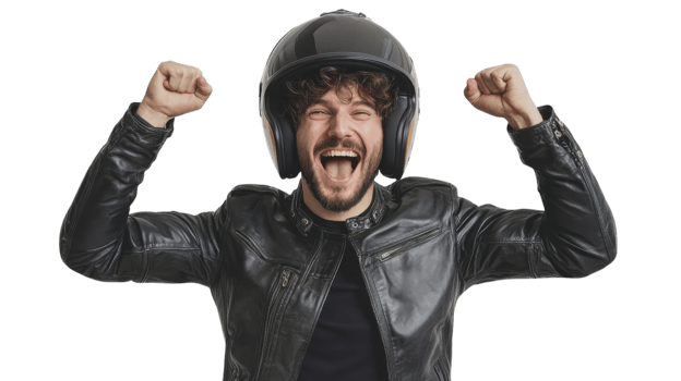 A man in a leather jacket and helmet is celebrating png