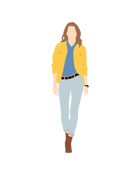 Flat art people and illustration, walking woman in yellow jacket C34 vector