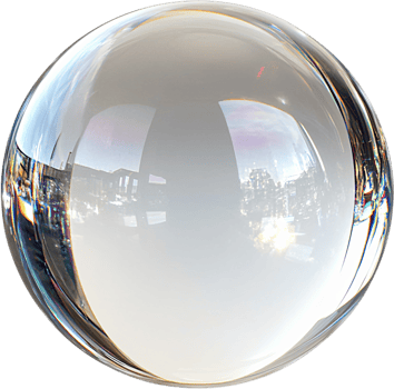 A crystal ball showing a distorted reflection of buildings and a sunlit sky, creating a surreal and mesmerizing optical effect. png