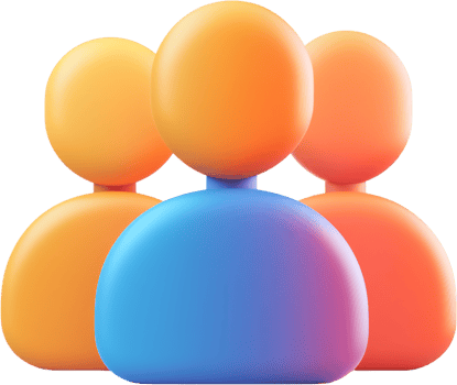 Colorful 3D illustration of three generic stylized people. The one in front is gradient blue or purple, the ones in back are orange png