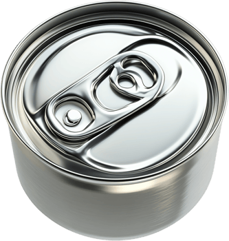 Shiny, unopened beverage can reflecting light with a pull tab, viewed from above in a studio setting. The can is silver and metallic. png