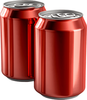 Two sleek, red beverage cans stand ready to quench your thirst, offering a refreshing taste. Isolated cans against a stark black background. png