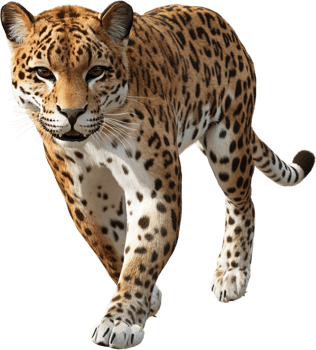 A majestic jaguar with rosette-patterned coat, captured mid-stride, showcasing power and grace. A glimpse into the wild cat's captivating beauty. png