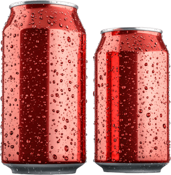 Two red cans with condensation drops, differing in size, suggest chilled refreshment and varying portions for individual needs. png