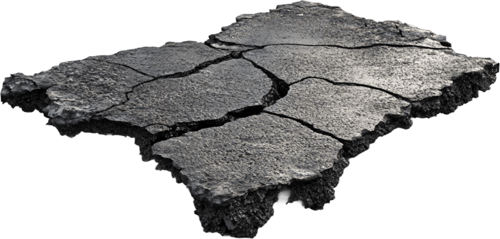 Cracked fragment of pavement with a grainy texture and sharp edges, highlighting the wear and tear of infrastructure and asphalt decay. png
