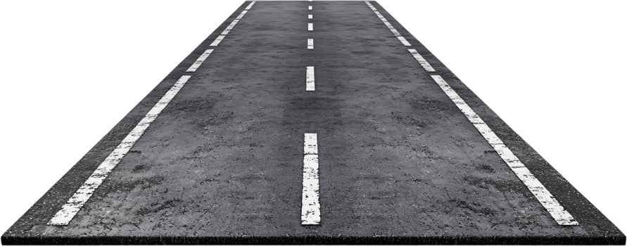 Asphalt road stretching into the distance with white dashed lines, emphasizing depth and a sense of travel and endless possibilities. png
